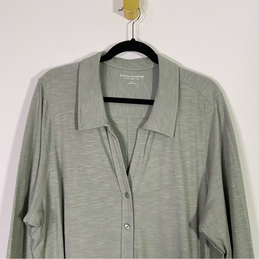 Soft Surroundings Sage Green Relaxed Fit Cotton Blend Button Down Shirt - Picture 2 of 7